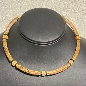 Vintage Signed Japan 70s Floral Tube Bead Necklace Boho Ethnic